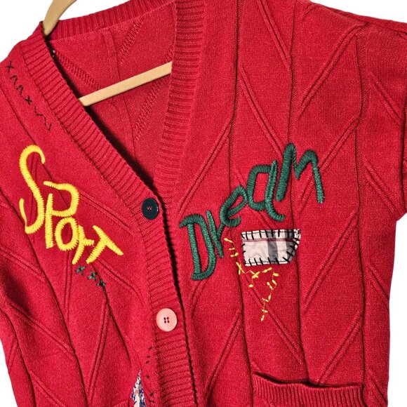 Colorful Embroidered Patchwork Red Cardigan Sweater Button Front Pockets Size M - Picture 3 of 9